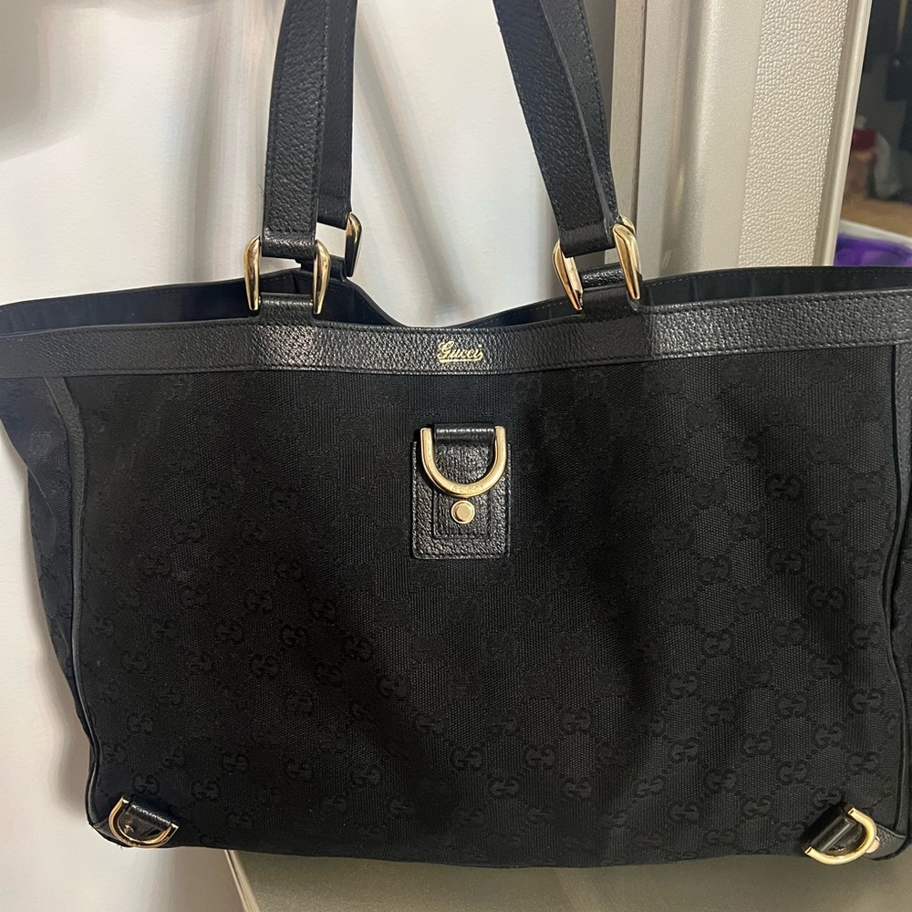 Auth GUCCI Abbey GG Tote Bag Black Canvas Leather Used
